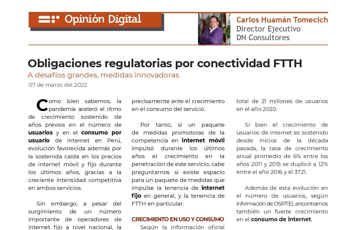  Obligaciones regulatorias por conectividad FTTH  07 de marzo del 2022 